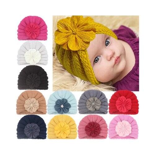 2020 Baby Accessories Clothing Infant Baby Girl Boy Winter Beanie Flower hat Warm Cap Crochet Knitted pearl Hat Turban
