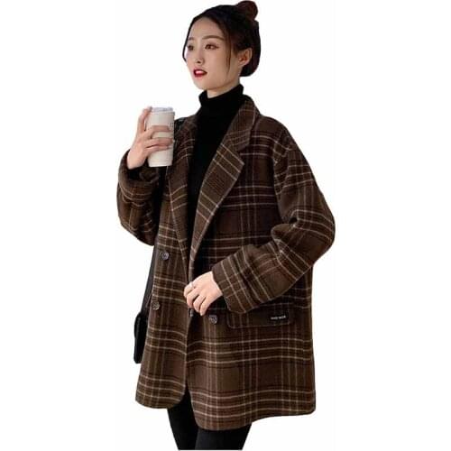 NEW High Quality Double-faced Wool Coat Women Plaid Blazer Autumn Winter Loose Double breasted Woolen Jacket Short Outwear KW461