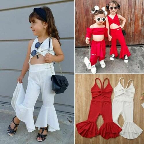 Kid Baby Girl Romper Bowknot Spaghetti Strap Jumpsuit Long Flare Pants Summer Solid Clothes