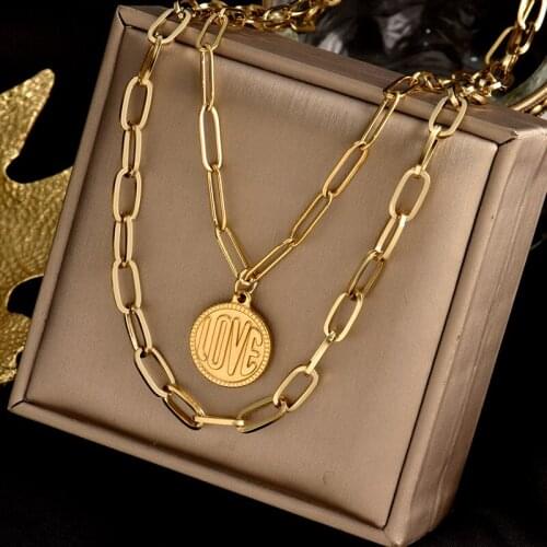 Colorfast 316L stainless steel two-layer wide necklace, carved "love" Round Pendant, romantic fashion simple female gift jewelry