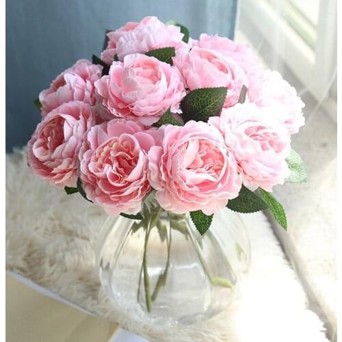 30cm 9 Big Head Silk Rose Pink Peony Artificial Flowers Bouquet Fake Flowers for Home Wedding Bride Bouquet Decoration Indoor