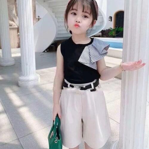 Summer Girls' Clothing Sets 2021 New Fashion Irregular Stitching Top+ Shorts+ Belt Baby Kids Clothes Suit Children Clothing