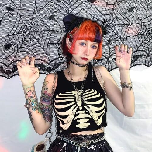 Summer WomenS Vest Japanese Retro Skull Cool Girl Print Street Short Top Slim Fashion Black Harajuku Streetwear Clothes Female