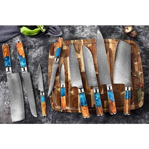 Kitchen Knives-Set Sharp Damascus Steel Blue Resin and Color Wood Handle Paring Bread Chef Knife Cleaver Slicing knife