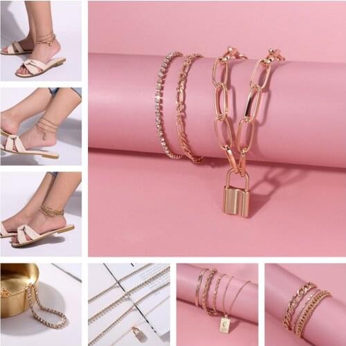Geometric Lock Shape Pendant Anklet Set Fashion Micro zirconTurkey Red beads Beach Summer Surf Ocean Jewelry anklets for women