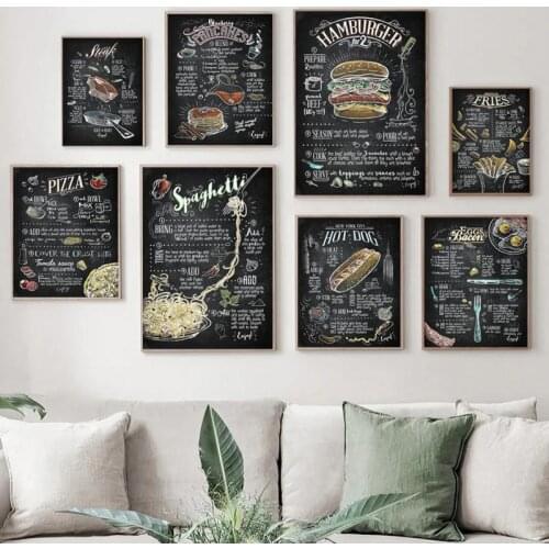 Blackboard Menu Posters and Prints Burger Hot Dog Kitchen Cafe Restaurant Decor Kitchen Dining Room Home Decor Canvas Painting