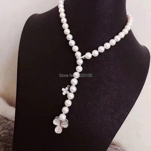Freshwater pearl white near round 7-8mm necklace 18inch nature zircon flower FPPJ wholesale