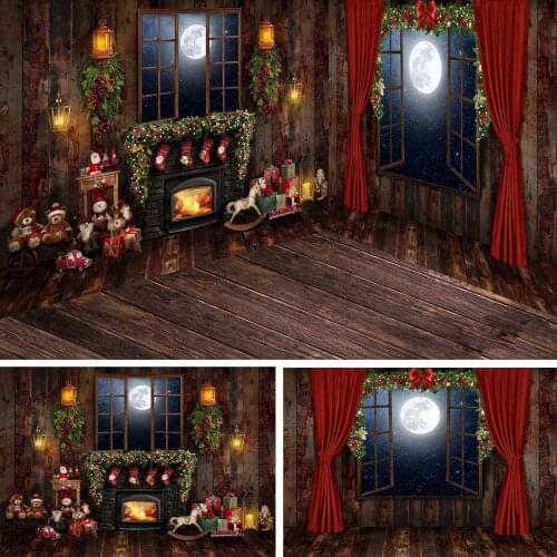 Christmas Toys Photography Background Wood House Kids Baby Portrait Children Photocall Bears Decor Fireplace Moon Photostudio