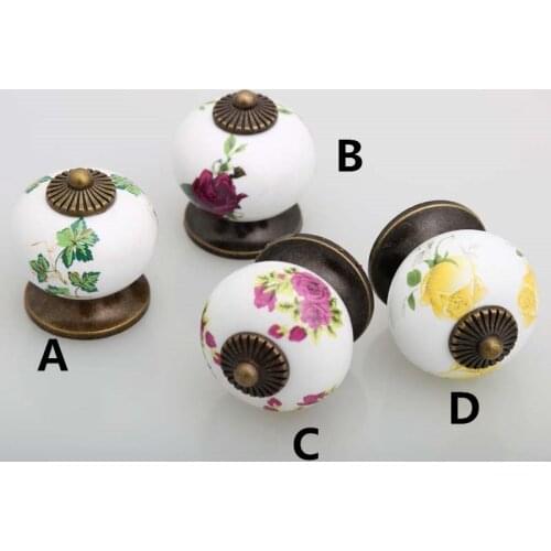 Rustico rural rose ceramic knobs green yellow purple flower porcelain drawer cabinet pulls knobs bronze pumpkin dresser handles