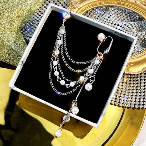1pc Punk Rock Imitation Pearls Chain Tassel Long Dangle Women Rhinestone Exquisite Ear Cuff Wrap Earrings Jewelry gifts friends