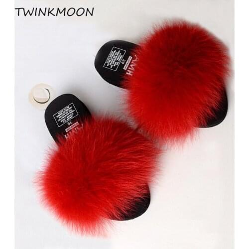 Fox Fur Slides 3cm Plarform Shoes Women Furry Slippers Fashion Mules Fluffy Slippers Pink Black Ladies Furry Slides 2019 Summer
