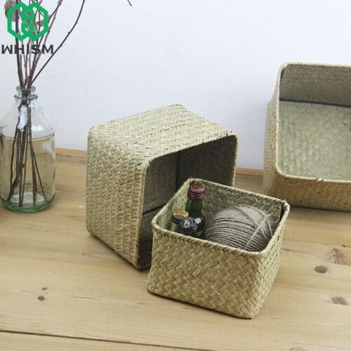 Woven Straw Storage Boxes Sqaure Storage Basket Home Office Desktop Sundries Container Wicker Organizer Picnic Basket