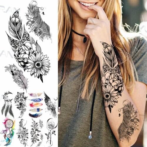 Black Feather Sunflower Temporary Tattoos For Women Girls Fake Wings Moon Snake Butterfly Tattoo Sticker Sexy Arm Tatoos Paste