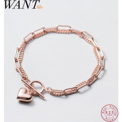WANTME Genuine 925 Sterling Silver Double Punk Link Chain Love Heart Ring Clasp Charm Bracelet for Women Fashion Rock Jewelry