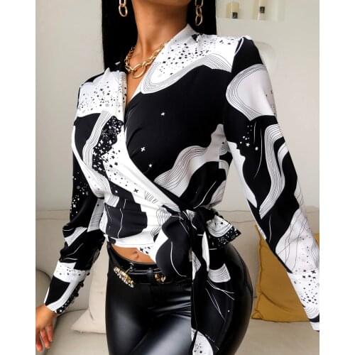 2021 Women Casual Spring Autumn Fashion Elegant Star Print Tie Front Wrap Top V Neck Long Sleeve Colorblock Blouse