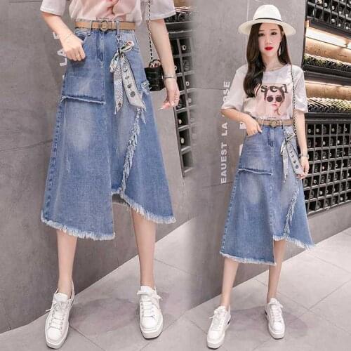 2021 Spring and Summer Denim Skirt Female Irregular A-line Bag Hip Skirt Mid-length High-waisted Large-size Thin Raw Edges