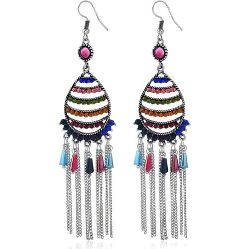 CRLEY Lady Boho Tassel Long Earrings For Women Crystal Beads Rhinestone Statement Jewelry Wedding Dangle Drop Earrings Wholesale