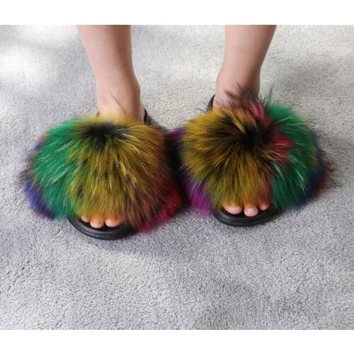 2021 Hot Sale fox fur slippers new ladies real fox fur sandals cute casual furry flat sandals EVA indoor non-slip leather shoes