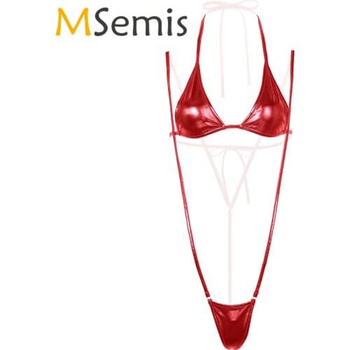 Womens Shiny Swimsuit Metallic Mini Micro Bikini G-String Briefs Underwear Set Halter Neck Self-tie Bra Top with Suspender