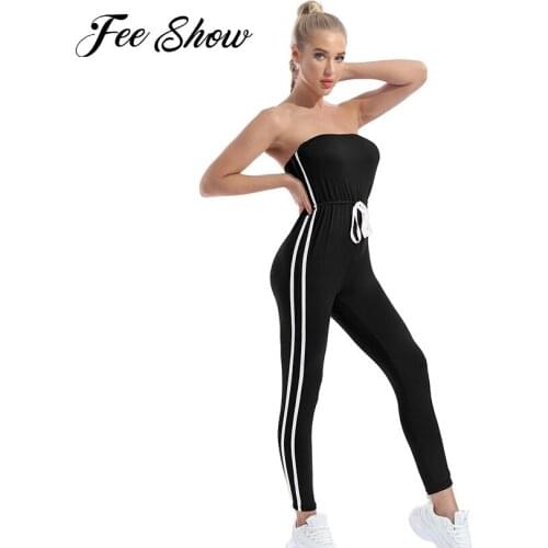 Women One-piece Jumpsuit Gymnastics Leotards Gym Clothes Sleeveless Open Upper Back Tube Top Drawstring Pants Jumpsuits Bodysuit