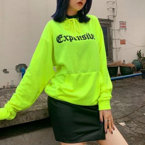 New Arrival Hooded Fluorescent Green Sweatshirts Fashion Women Loose Streetwear Autumn Letter Print Pullovers Outwear