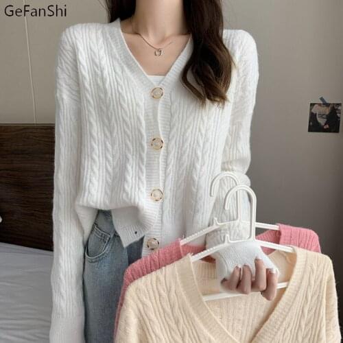2021 Autumn Winter Sweater Cardigan Solid Button Female Woman Sweaters V-neck Elegant Office Lady Cute Knitted Tops Short Coat