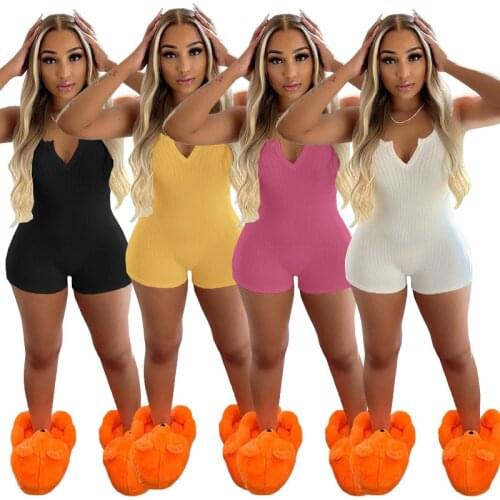 Echoine summer Fashion women Solid Sexy Knit Rib Skinny Sport Playsuit Casual Slim V-Neck Sleeveless bodysuit Rompers Jumpsuit