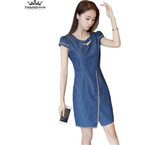 Tnlnzhyn 2019 New Summer Women Denim Dresses Short Sleeves Casual Women Jeans Dresses ladies Plus Size Denim dresses Y984
