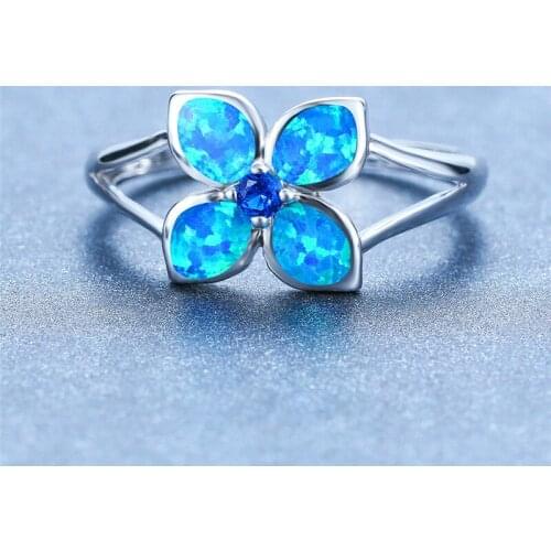 Blue Green White Opal Geometric Stone Ring Female Cute Flower Engagement Ring Classic Silver Color Bride Wedding Rings For Women