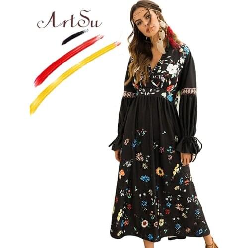 ArtSu Vintage Black Long Sleeve Floral Print Maxi Dress Women Ruffle Sexy V-Neck Boho Beach Autumn Casual Dress Robe Femme 2018