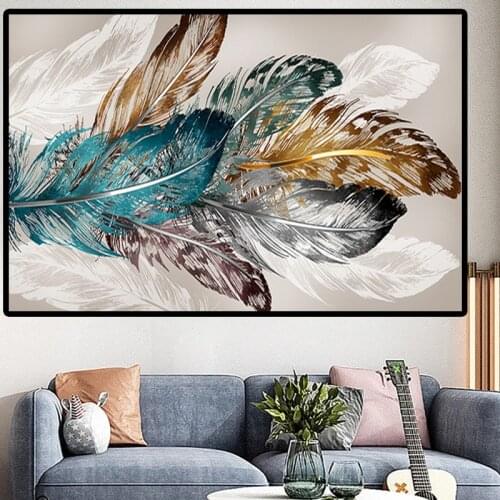 Gold Ginkgo Leaf and Feather Painting On Canvas Print Nordic Poster Print Wall Art Colorful Picture for Living Room Dining Room