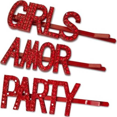 1PC Fashion English Letters Crystal Hairpins Red Rhinestones Hair Clips Metal Barrettes Women Hair Styling Tools Accessories