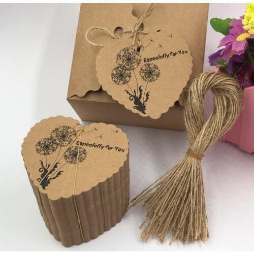 100pcs Brown Heart Shape Label +100pcs hemp strings,Multi-style Pattern Happy Birthday Party decor Tag Card Kid Favor Card