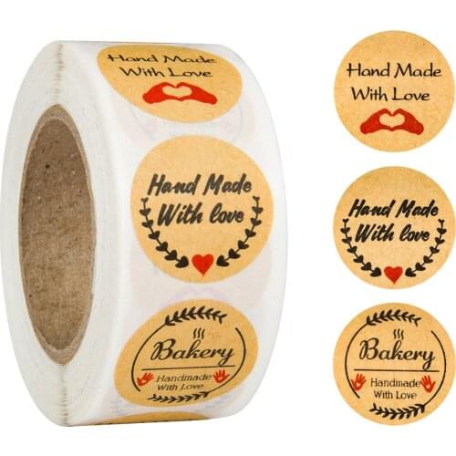 3 Styles 500pcs/roll Handmade with love Custom Cowhide Stickers Holiday Decoration Stickers Bakery Cookies Labels