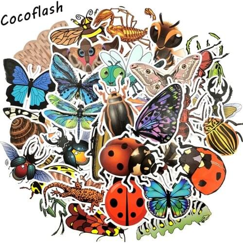 50 PCS Kids Toy Insect Animal Stickers Cute Lifelike Beetle Butterfly Cartoon Waterproof Sticker DIY Scrapbook Education Sticker