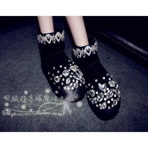 Hand made black water dripping full diamond crescent short tube leather warm inner frosted leather snow boots