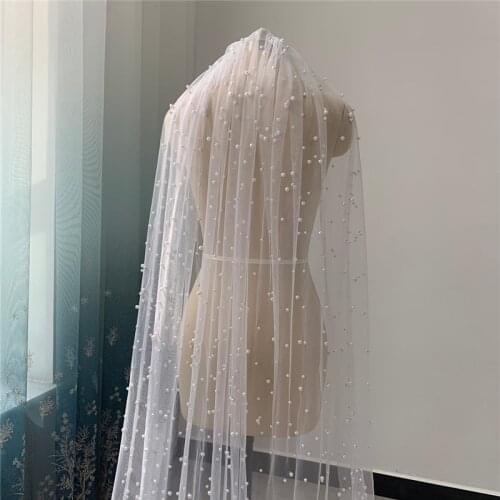Pearls Bridal Veil with Comb Cathedral Long White Ivory One Layer Tulle Wedding Veils 1 T for Brides 3 4 5 Metres Velo de Novia