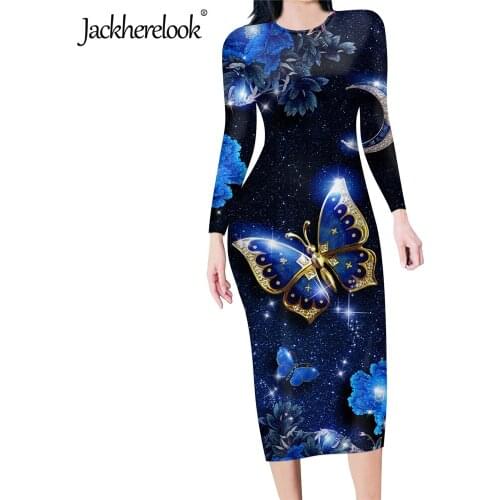 Jackherelook Womens Long Sleeve Crew Neck Pencil Dress Blue Butterfly Animal Print Office Ladys Autumn Bodycon Dresses Mujer