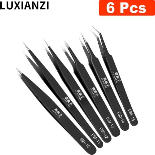 LUXIANZI 6pcs Anti-static ESD Tweezers Set Precision Tweezers Professional Maintenance Repair Tool Hand Tools Pincet Pinzas