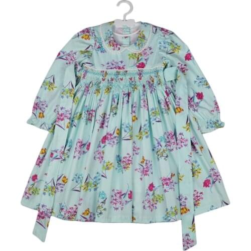 Girls dresses spring 2021 girl smocked princess dress summer kids embroidery floral print vintage elegant cotton dress party