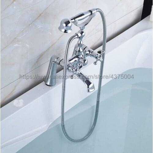 Polished Chrome Deck Mounted Double Handle Bathroom Bathtub Faucet with Handheld Spray Shower Hot and Cold Water Ncy006