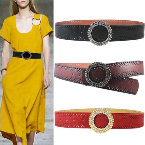 Markdown Sale Newest Vintage Hollow Faux Leather Wide Belt Big Round Golden Metal Buckle Decorative Belts For Dress Waistband