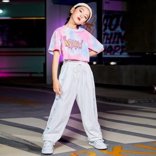 Rave Clothing Tie-dye Dancer Outfit Hip-Hop Street Dancewear Stage Costume Girls Set Cheerleader Crop Tops Loose Pants DL8393