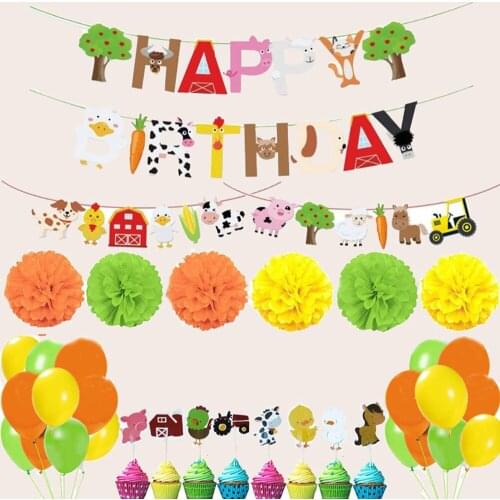 Farm Animal Themed Party Decorations Banner Cake Toppers Balloons and Paper Flowers Set for Baby Shower Family Reunion Theme Par