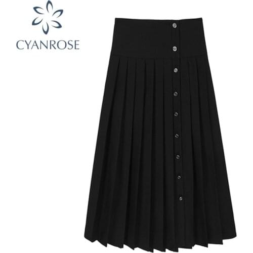 Elegant Black Pleated Mid-Length Skirt Women Korean Style Single-Breasted Design Skirts 2021 Summer Streetwear Office Lady Jupes