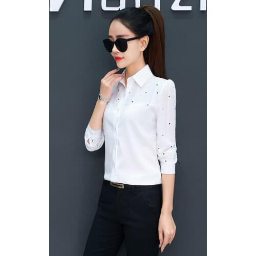 Womens Spring Autumn Style Chiffon Blouse Shirt Womens Long Sleeve Turn-down Collar Polka Dot Button Slim Korean Tops DD8351