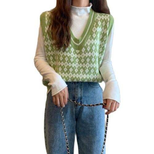 Winter Loose Sleeveless V-neck Shoulder Womens Short Vest with Plaid Knitted Sweater Female Waistcoat Chic Tops