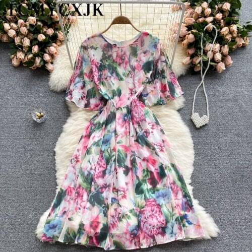 O-Neck Short Sleeve Floral Summer Womens Dress 2021 Vintage Slim Beach Midi Dresses New Korean Fashion Fairy Evening Dresses