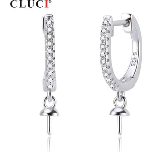 CLUCI Authentic 925 Silver Zircon Hoop Earrings Jewelry for Women Party Simple Sterling Silver Pearl Earring Mounting SE134SB