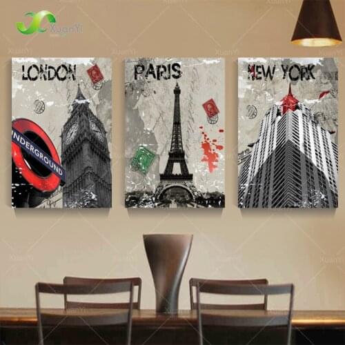 3 Panel Modern London Paris New York City Painting Cuadros Decoracion City Town Landscape Paintings Canvas Art No Frame PR120
